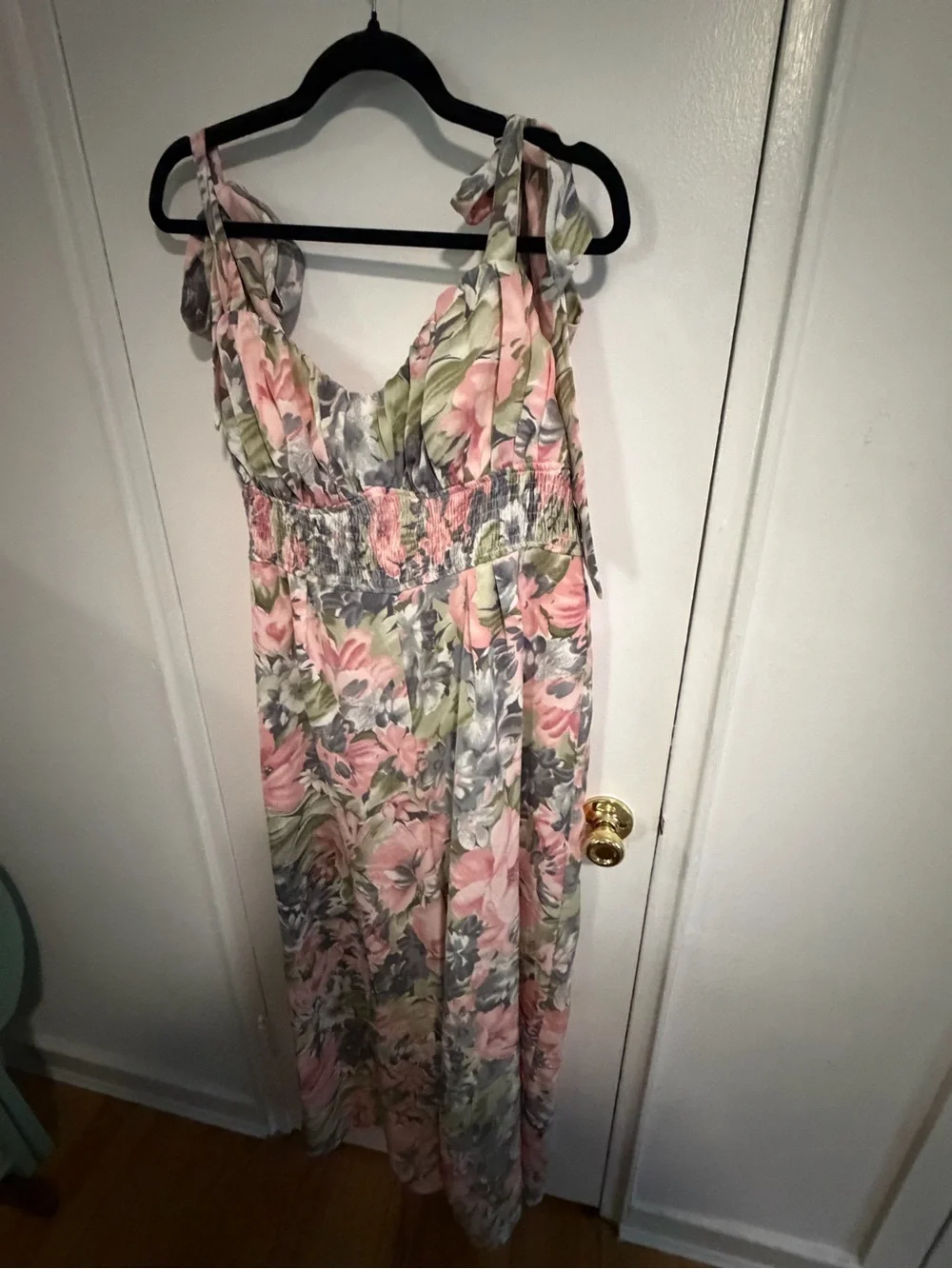 Lulu's Pink Floral Maxi Jumpsuit with Green & Gray Accents